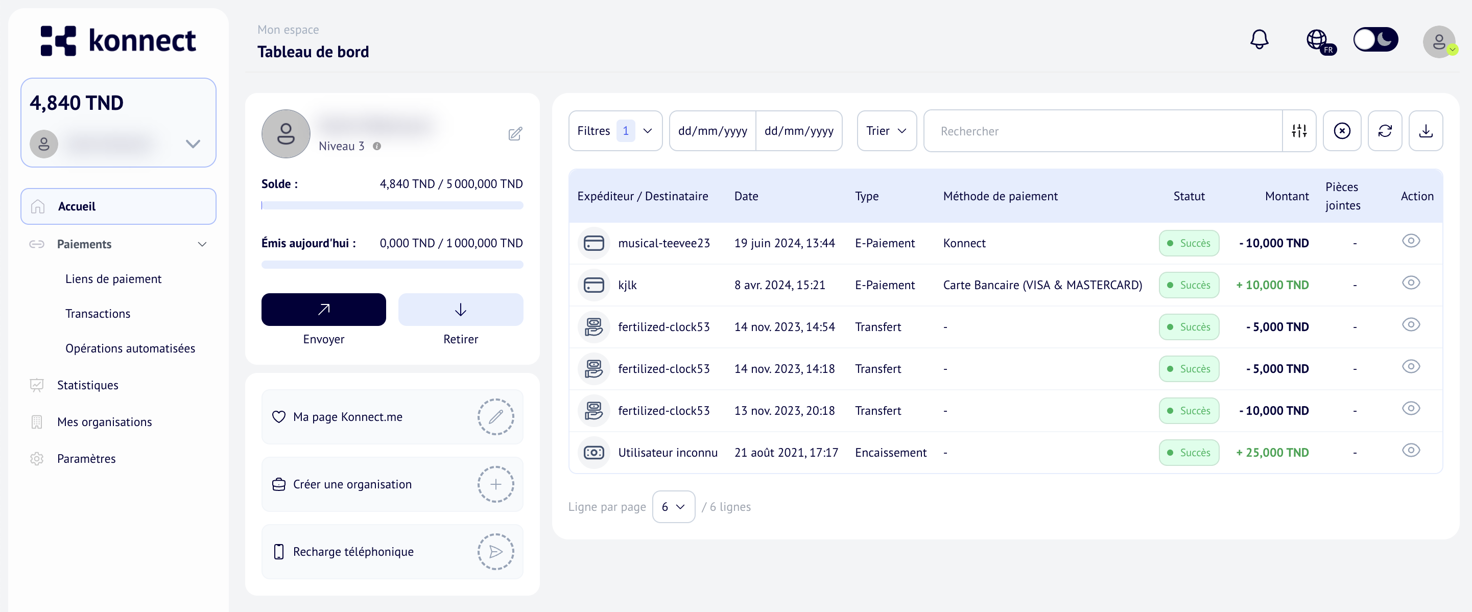 Liste des transactions Konnect